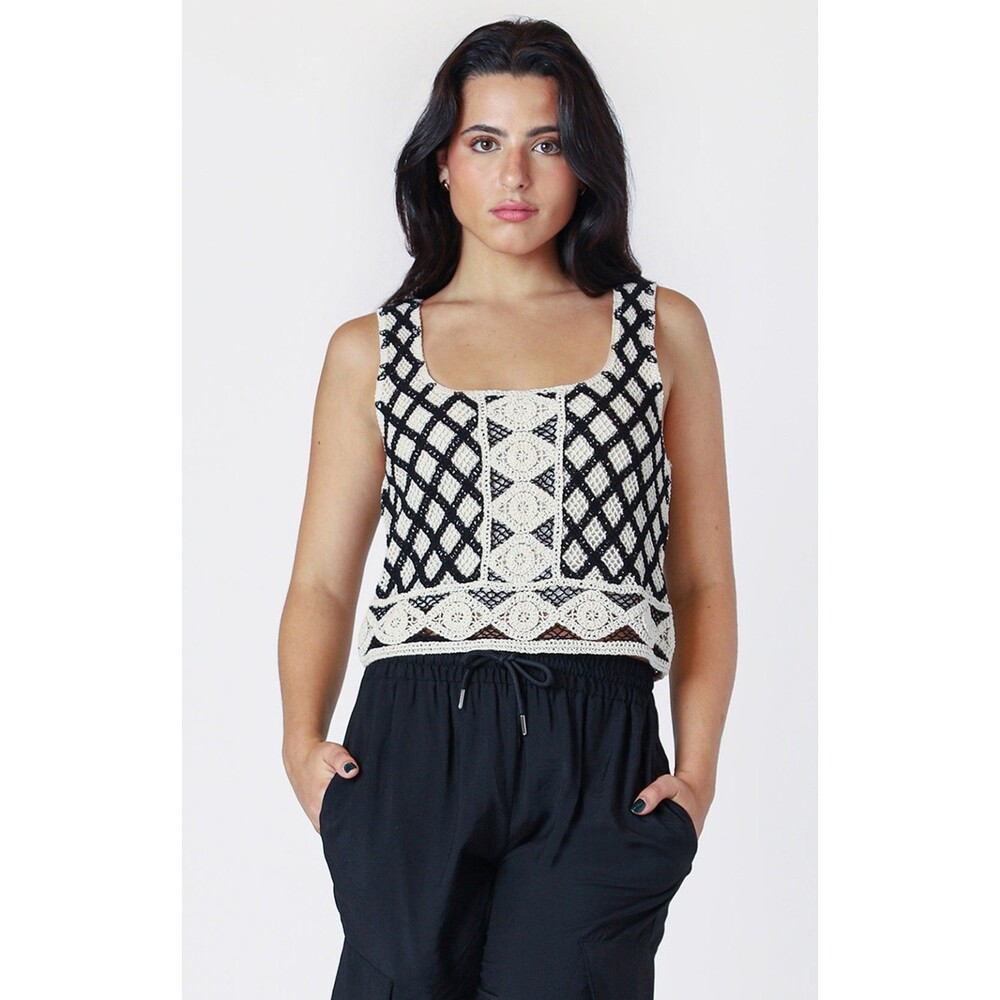 Room 34 Crochet Knit Tank Top Women's Size Large L Black White Boho Festival